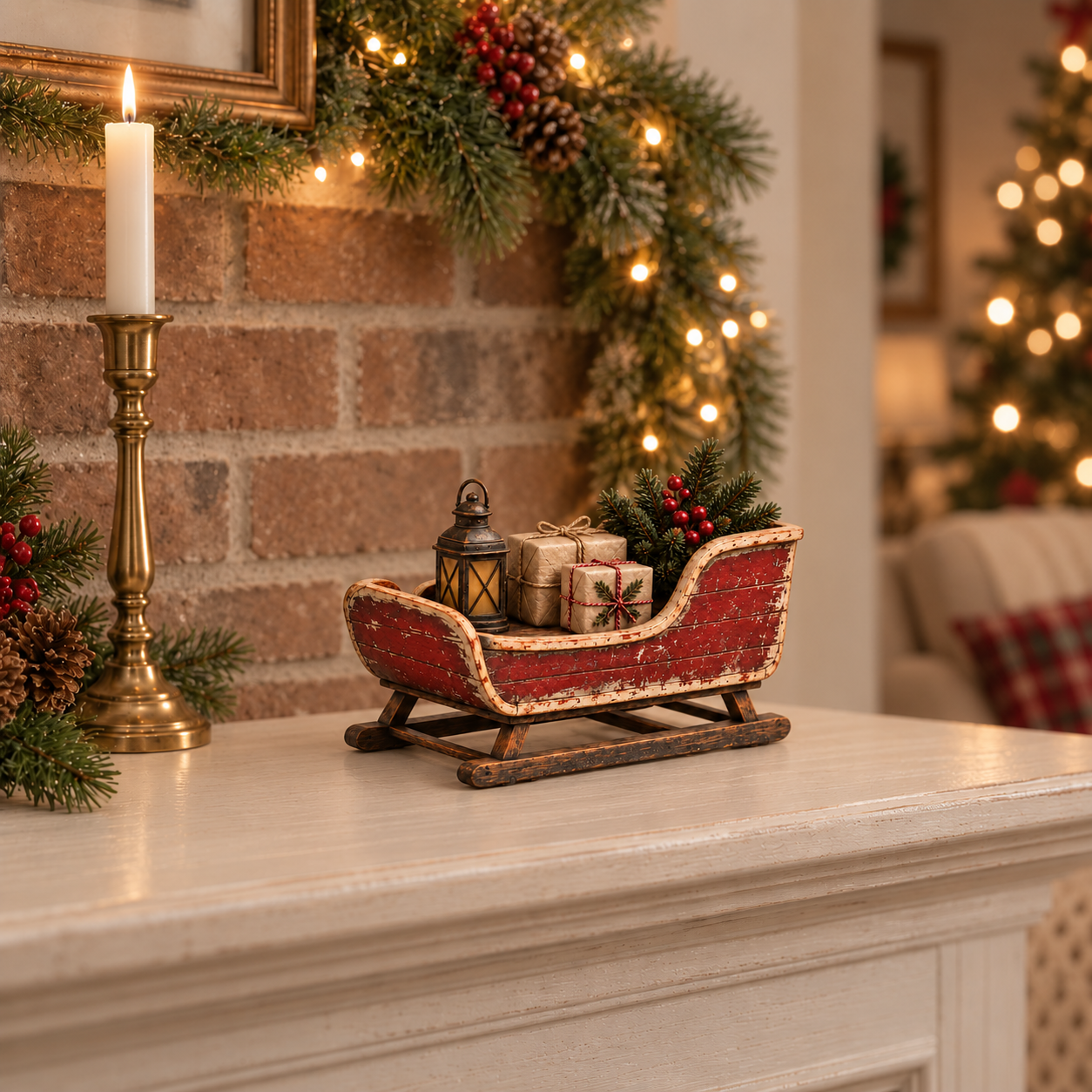 🛷🎄 Vintage Sleigh Christmas Tabletop Decor — Complete Holiday Scene with Gifts, Greenery & Lantern