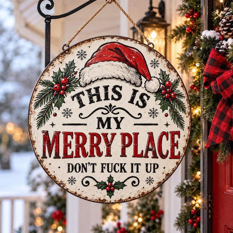 🎄🏡 This Is My Merry Place — Vintage Christmas Hanging Sign with Santa Hat & Holly