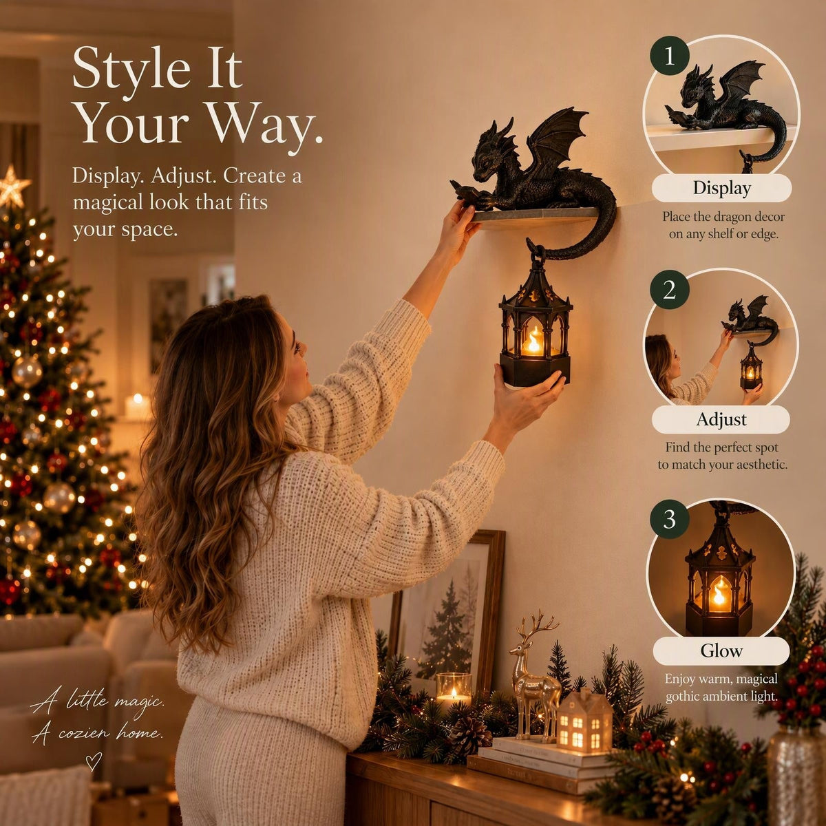 šReading Dragon Shelf Decor with LED Lantern