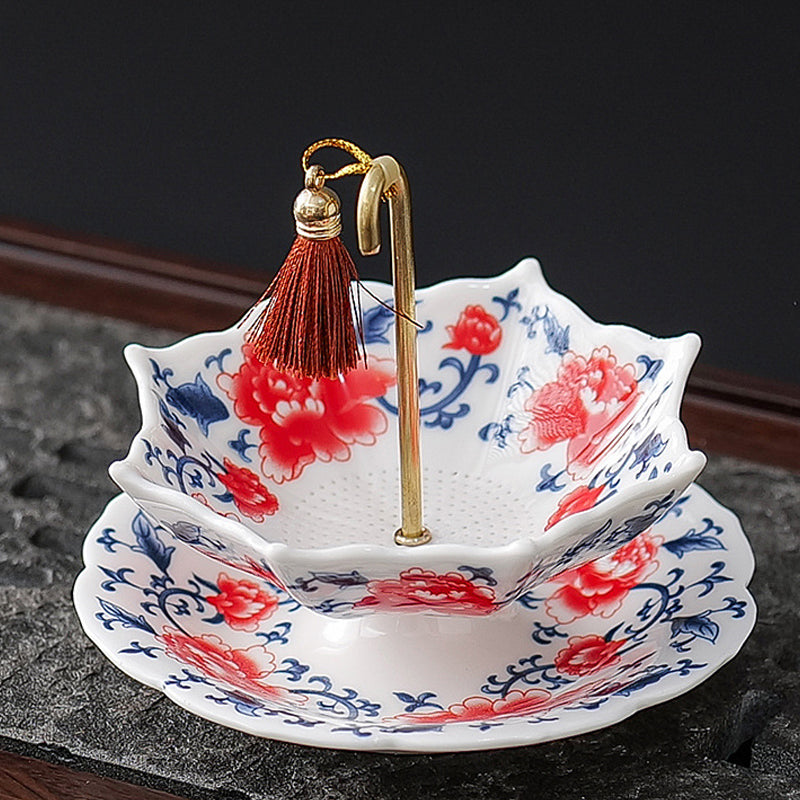 🍵✨ Elegant Umbrella Ceramic Tea Strainer — Copper Handle, Fine Mesh & Matching Saucer