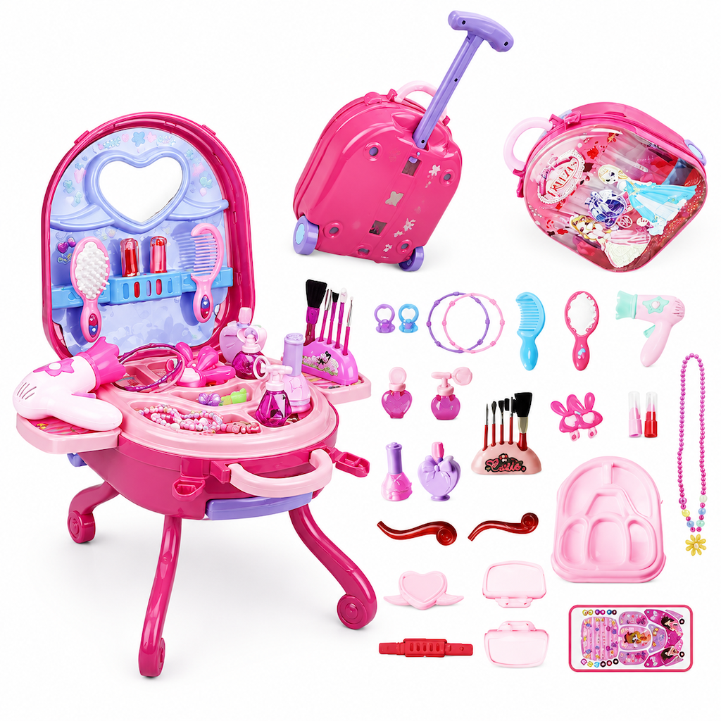 📢📢 50% OFF For Christmas🎀Kids’ Pretend Makeup Vanity Suitcase – Portable Dress-Up Toy Set for Girls