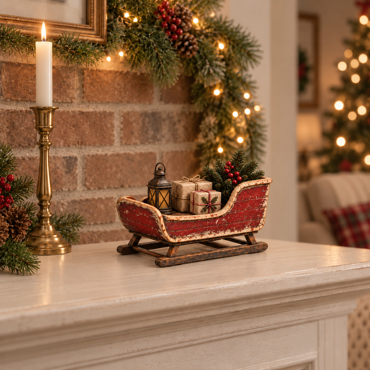 🛷🎄 Vintage Sleigh Christmas Tabletop Decor — Complete Holiday Scene with Gifts, Greenery & Lantern