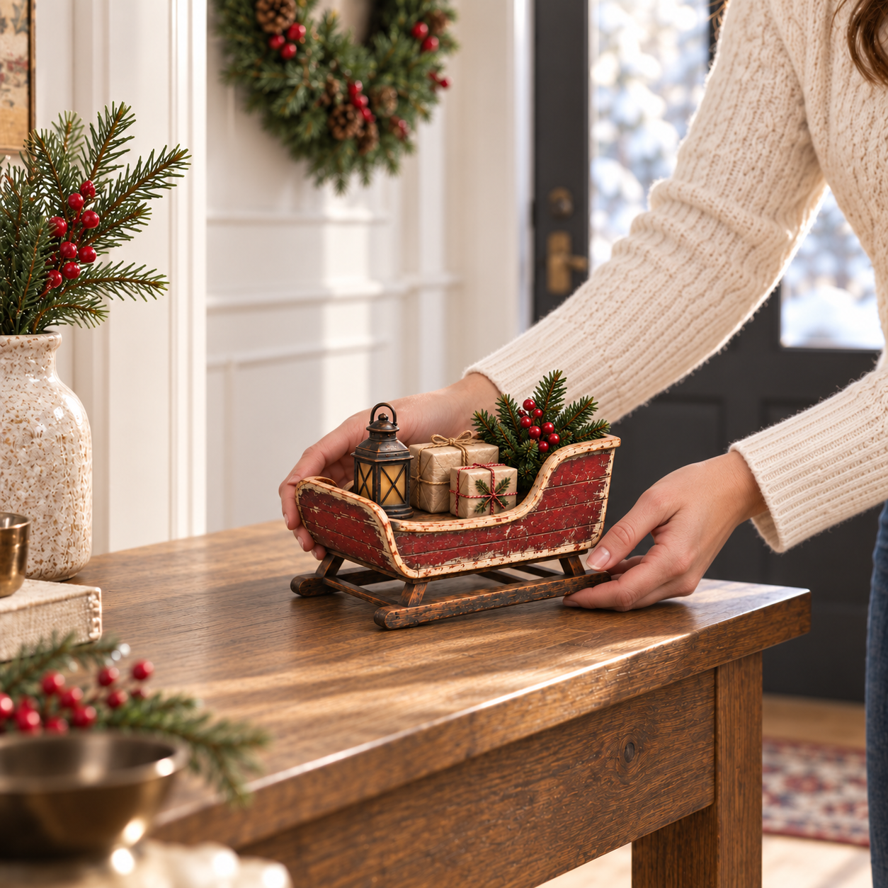 🛷🎄 Vintage Sleigh Christmas Tabletop Decor — Complete Holiday Scene with Gifts, Greenery & Lantern