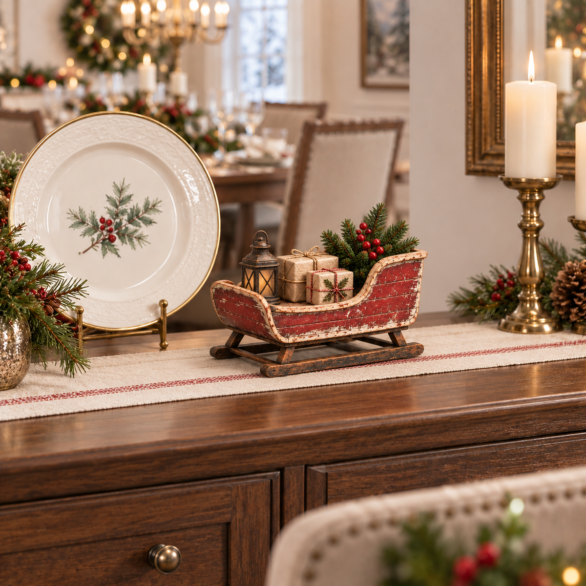 🛷🎄 Vintage Sleigh Christmas Tabletop Decor — Complete Holiday Scene with Gifts, Greenery & Lantern