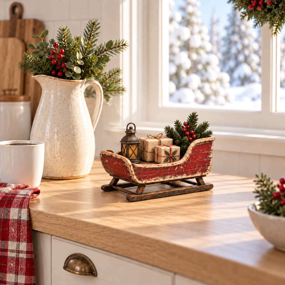 🛷🎄 Vintage Sleigh Christmas Tabletop Decor — Complete Holiday Scene with Gifts, Greenery & Lantern
