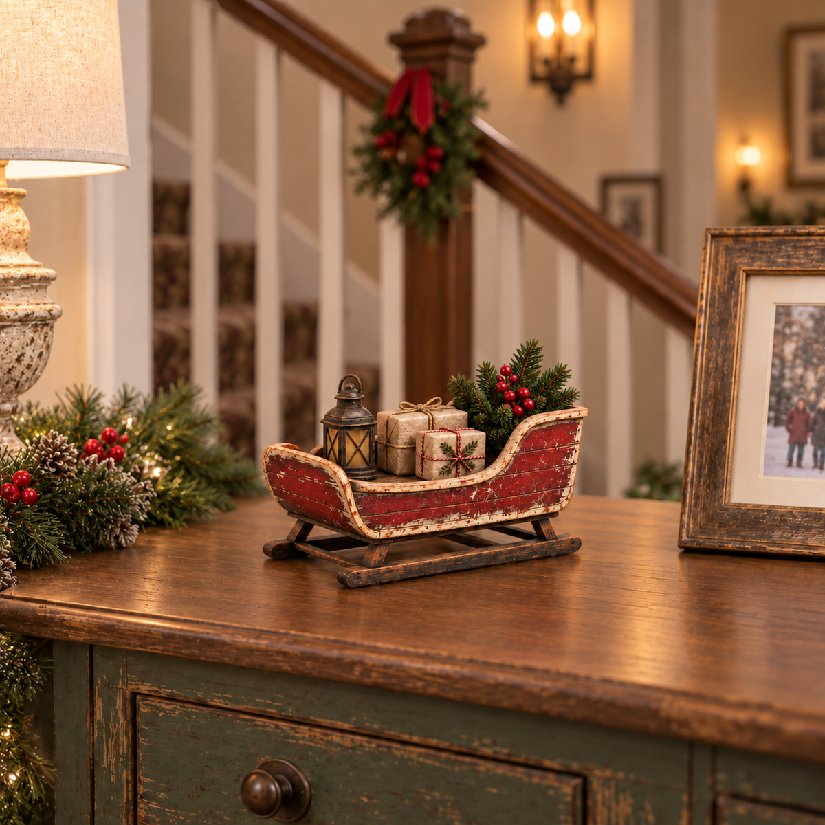 🛷🎄 Vintage Sleigh Christmas Tabletop Decor — Complete Holiday Scene with Gifts, Greenery & Lantern