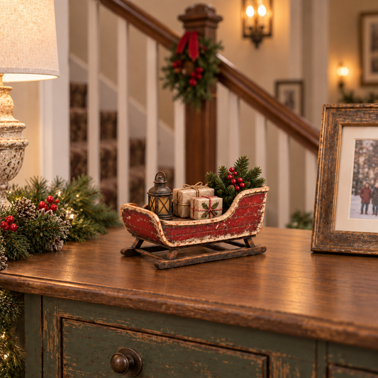 🛷🎄 Vintage Sleigh Christmas Tabletop Decor — Complete Holiday Scene with Gifts, Greenery & Lantern