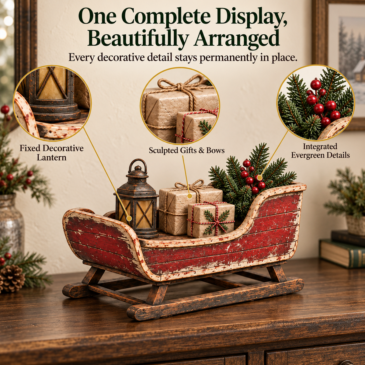 🛷🎄 Vintage Sleigh Christmas Tabletop Decor — Complete Holiday Scene with Gifts, Greenery & Lantern