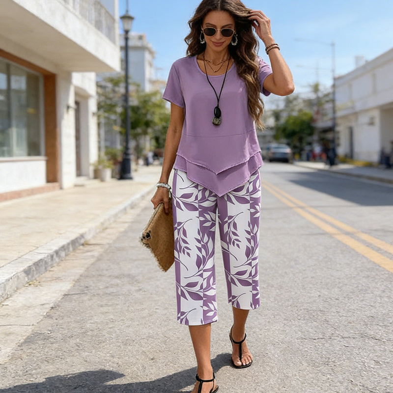 Loungewear Set with Crew-Neck Top (Layered Look) & Extra-Wide-Leg Pants – Comfortable, Airy & Versatile – Ideal for Everyday Wear & Travel