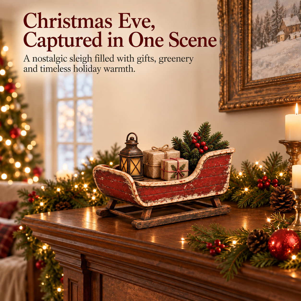 🛷🎄 Vintage Sleigh Christmas Tabletop Decor — Complete Holiday Scene with Gifts, Greenery & Lantern