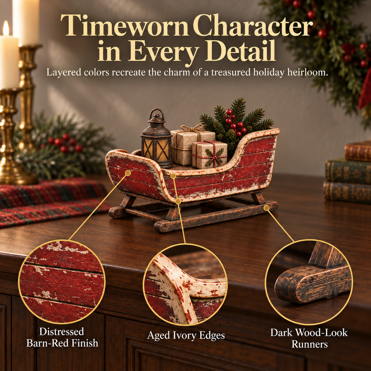 🛷🎄 Vintage Sleigh Christmas Tabletop Decor — Complete Holiday Scene with Gifts, Greenery & Lantern