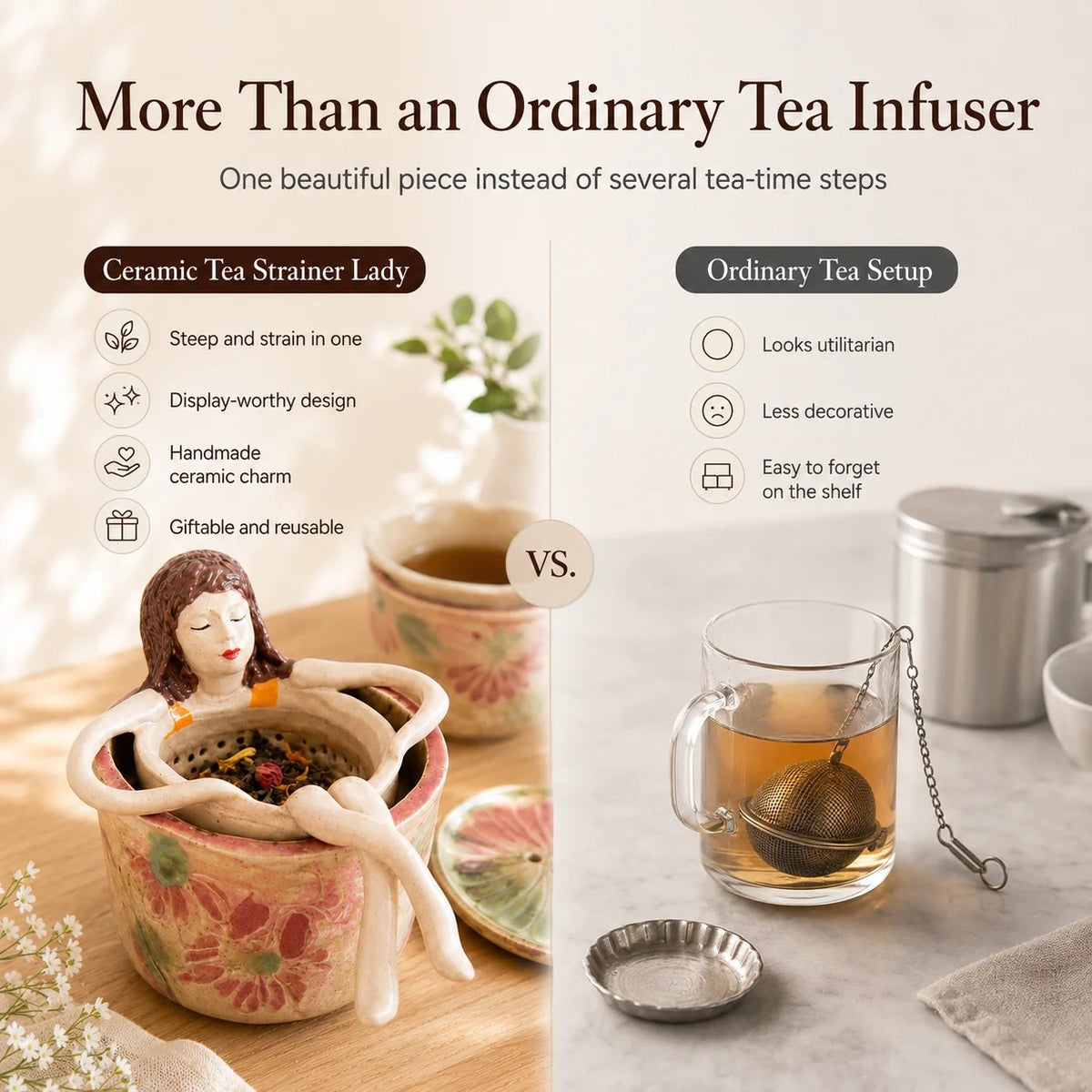 ☕🌿Whimsical Sitting Lady Ceramic Tea Strainer Collection
