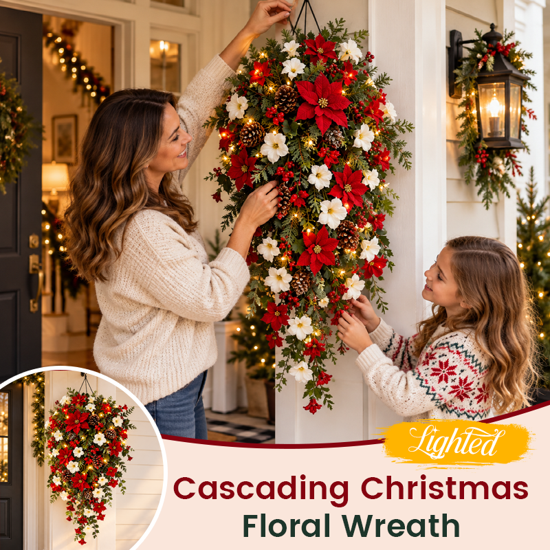 🎄Cascading Christmas Wreath -- Warm Lights, Red & White Blooms, Instant Focal Point