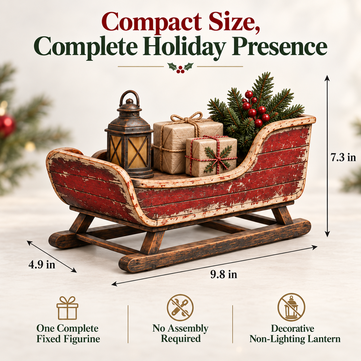 🛷🎄 Vintage Sleigh Christmas Tabletop Decor — Complete Holiday Scene with Gifts, Greenery & Lantern