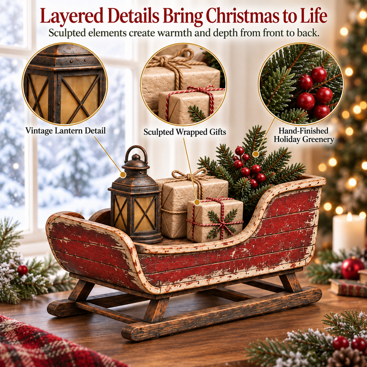 🛷🎄 Vintage Sleigh Christmas Tabletop Decor — Complete Holiday Scene with Gifts, Greenery & Lantern