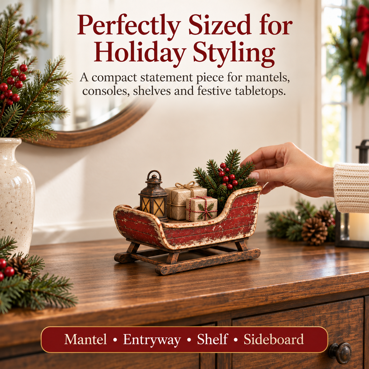 🛷🎄 Vintage Sleigh Christmas Tabletop Decor — Complete Holiday Scene with Gifts, Greenery & Lantern
