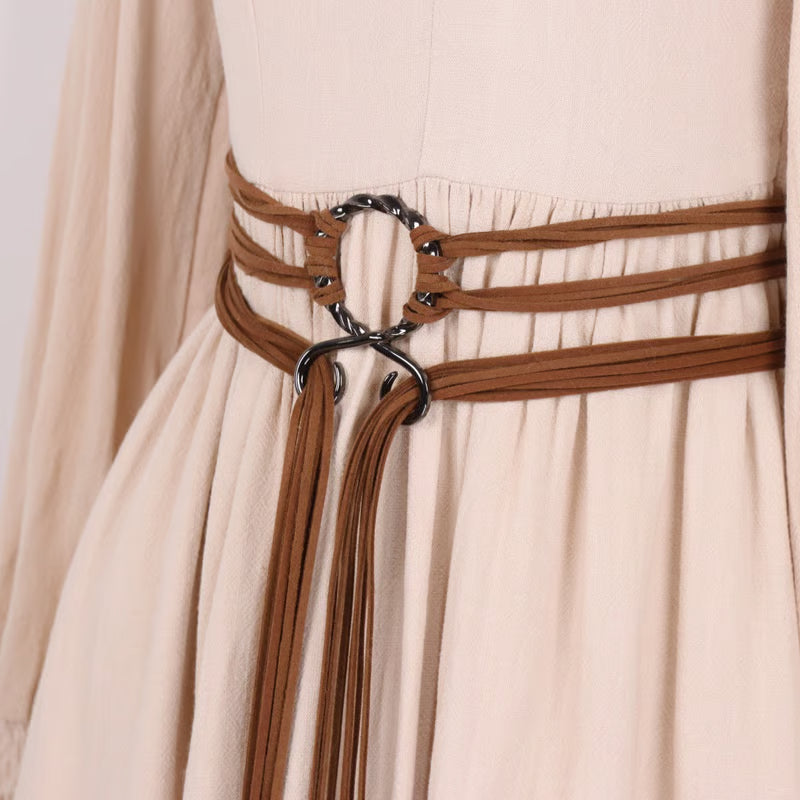 Medieval Viking Braided Leather Belt Set, with Ring Buckle & Tassel Decorations