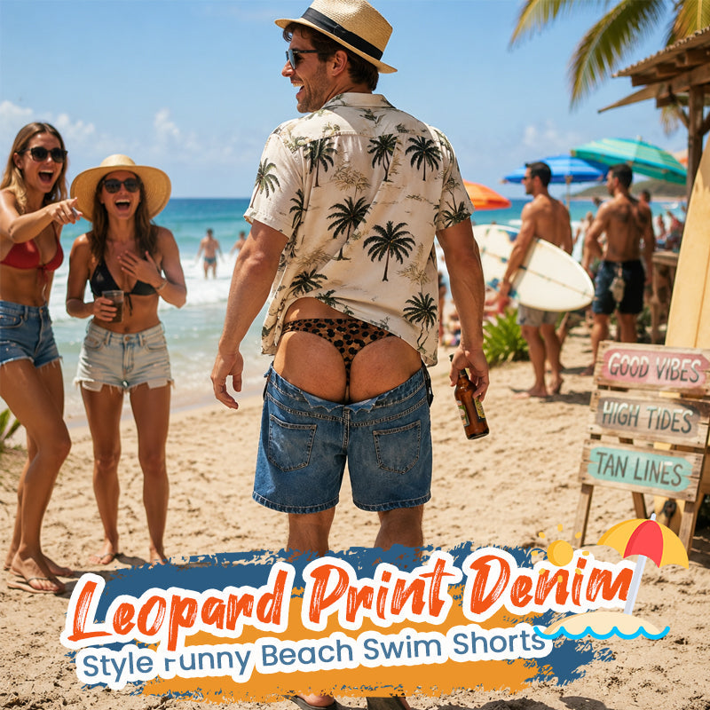 Leopard Print Denim Funny Beach Swim Trunks