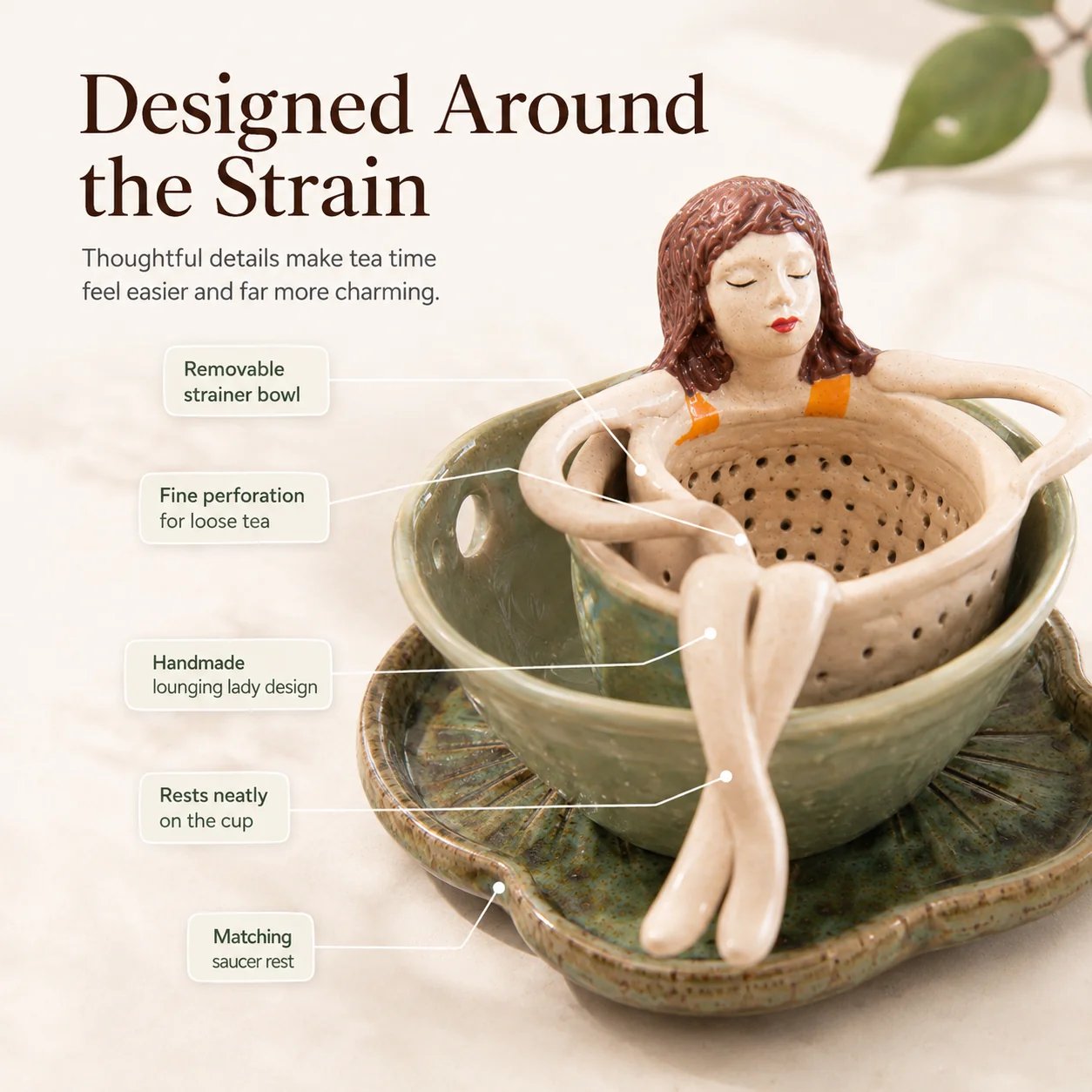 ☕🌿Whimsical Sitting Lady Ceramic Tea Strainer Collection