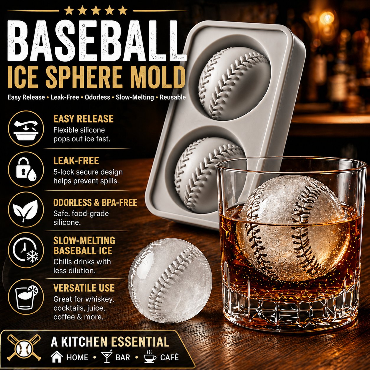 Baseball Ice Mold | Slow-Melting Silicone Sphere Tray for Whiskey, Cocktails & More