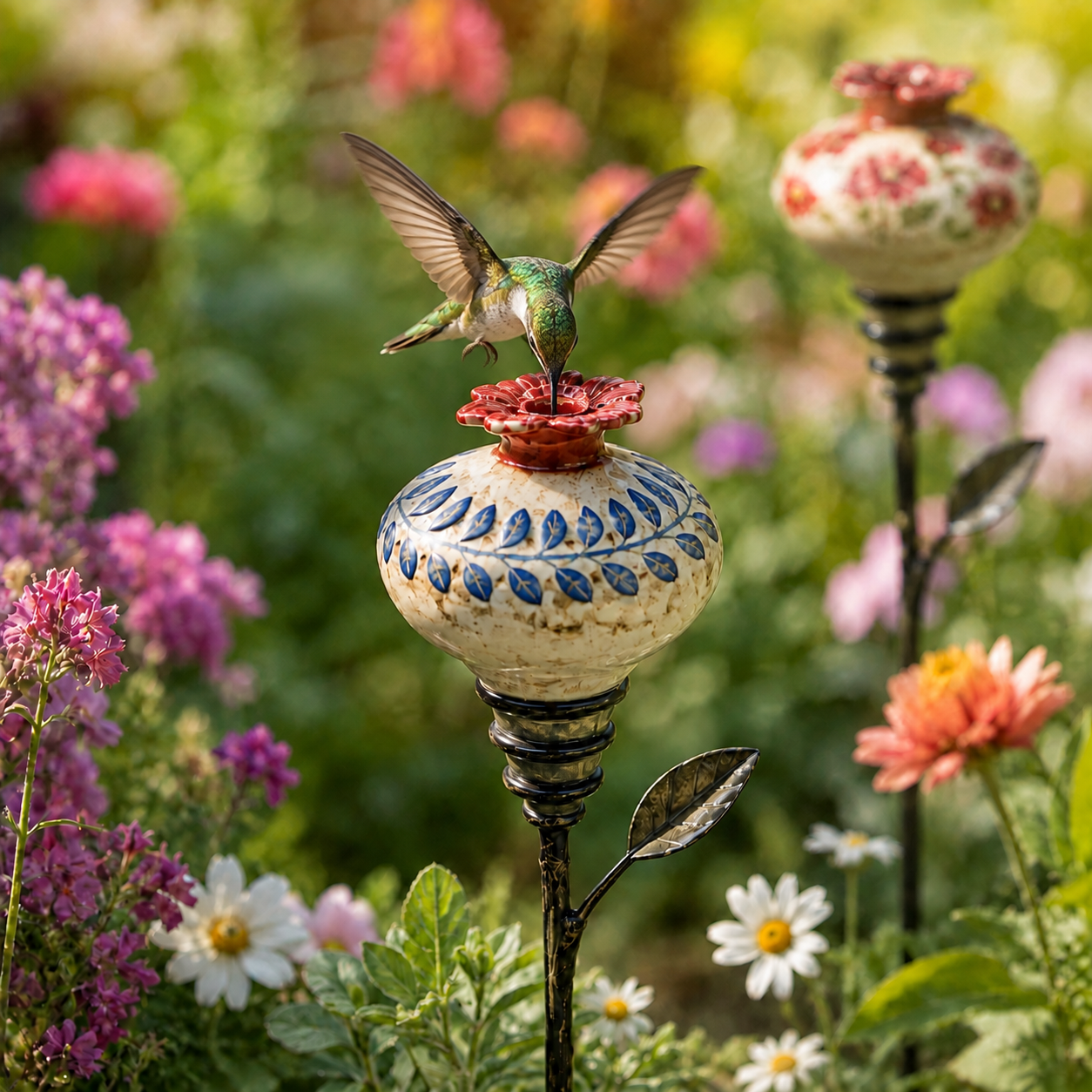 Vintage Hummingbird Feeder Garden Stake