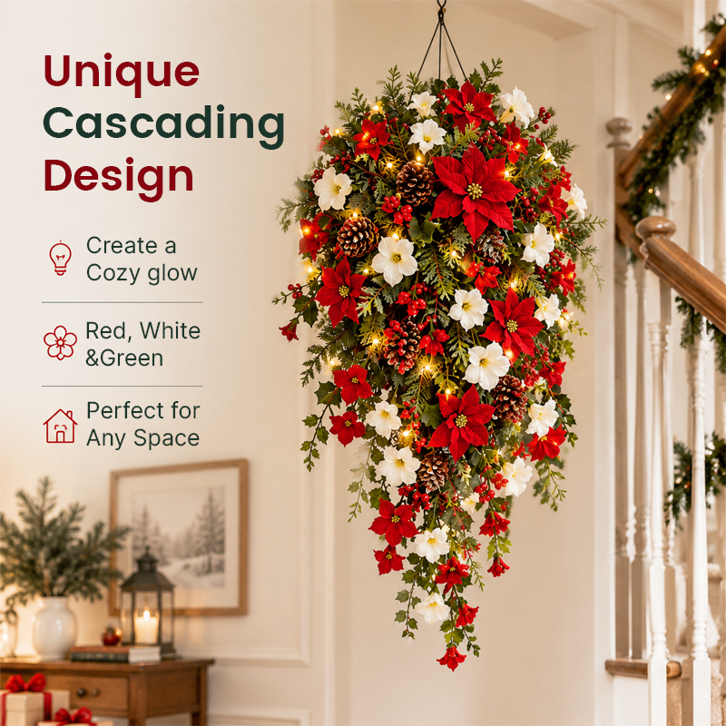 🎄Cascading Christmas Wreath -- Warm Lights, Red & White Blooms, Instant Focal Point