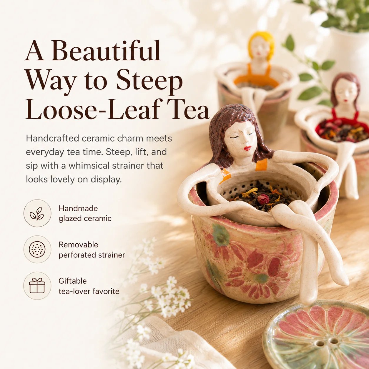 ☕🌿Whimsical Sitting Lady Ceramic Tea Strainer Collection