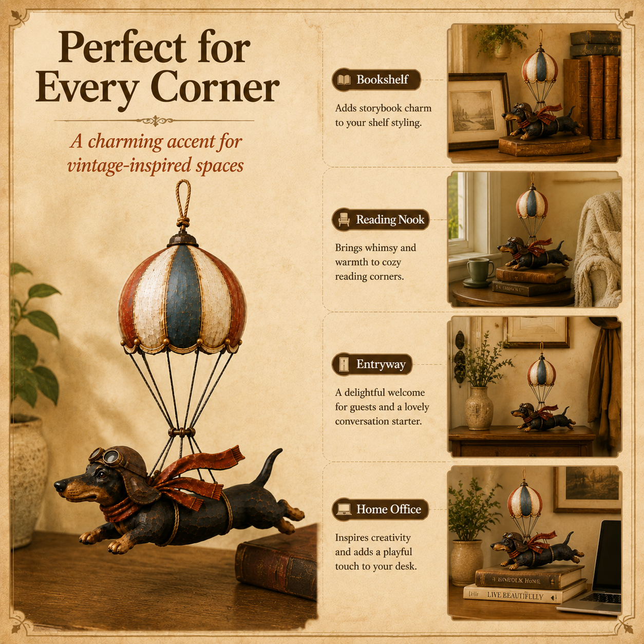 Vintage Flying Dachshund Hot Air Balloon Decor