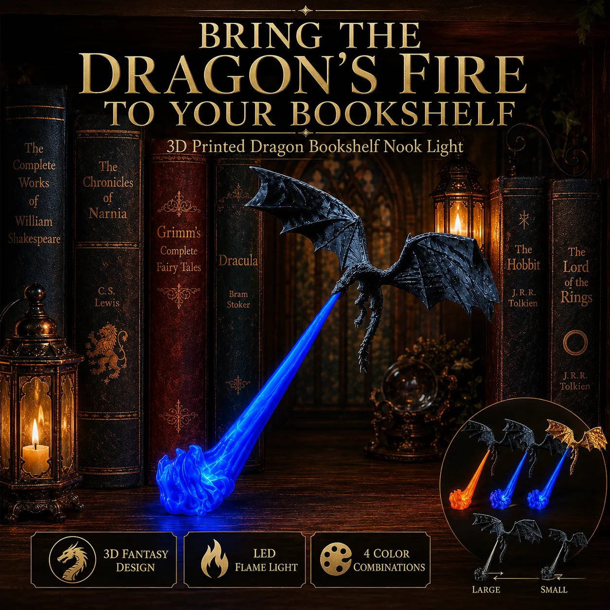 🐉 Dragon Bookshelf Nook Light — 3D Fire-Breathing Fantasy Shelf Decor 🔥