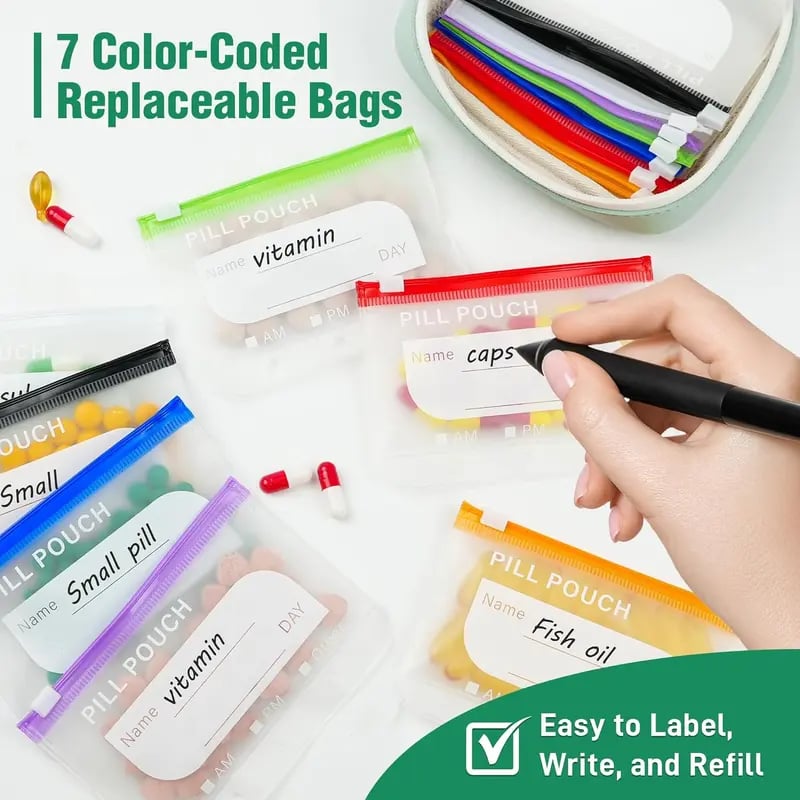 🥳2026 HOT SALE🥳💞50K+ SOLD!💊🧳 50% OFF! A8 Waterproof Pill Pouch Set – 14 colour‑coded pouches, waterproof & crush‑proof shell. Holds 7‑14 days of meds – perfect for travel & daily routines! 🗓️✨