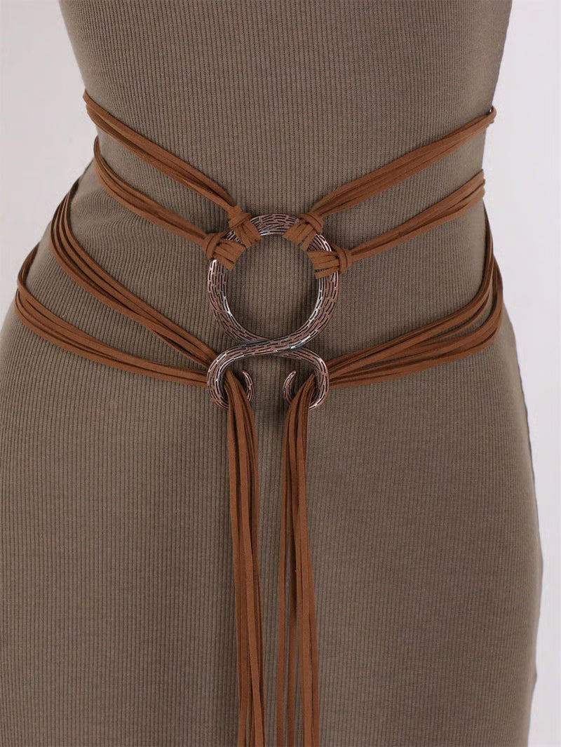 Medieval Viking Braided Leather Belt Set, with Ring Buckle & Tassel Decorations