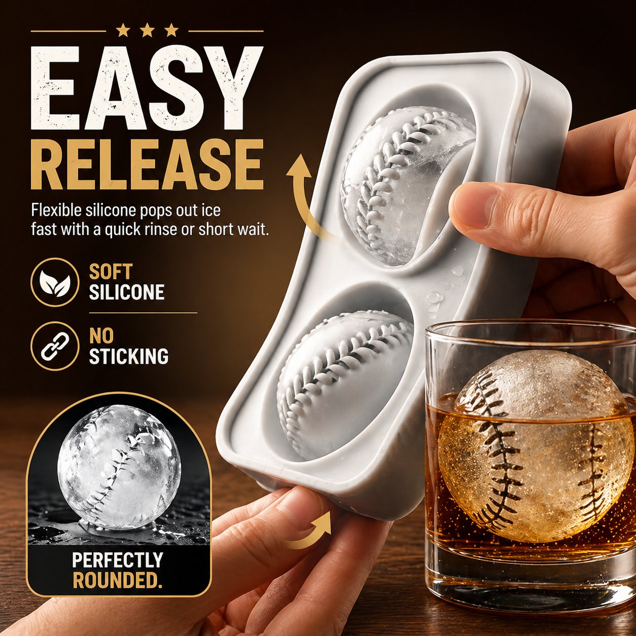 Baseball Ice Mold | Slow-Melting Silicone Sphere Tray for Whiskey, Cocktails & More