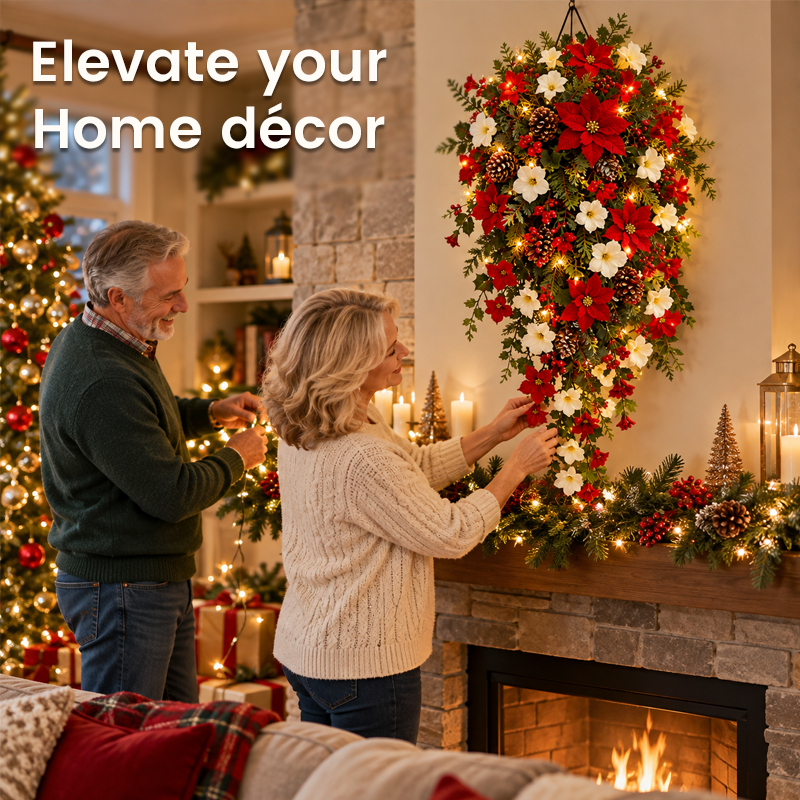 🎄Cascading Christmas Wreath -- Warm Lights, Red & White Blooms, Instant Focal Point
