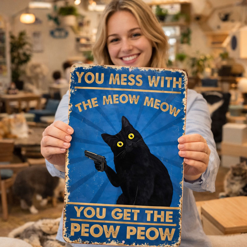 The "Meow Meow Peow Peow" Vintage Black Cat Metal Sign
