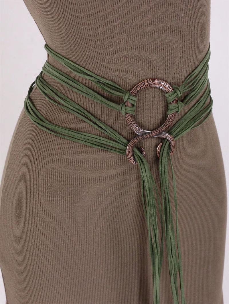 Medieval Viking Braided Leather Belt Set, with Ring Buckle & Tassel Decorations