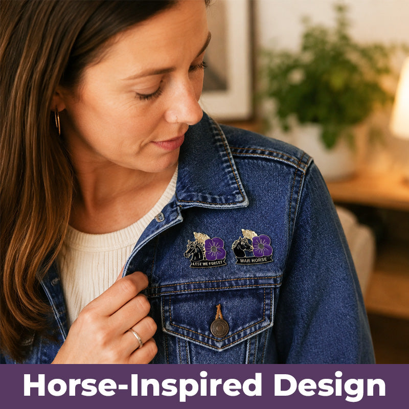 Purple Poppy War‑Horse Memorial Brooch | Lest We Forget Remembrance Animal Tribute Lapel Pin