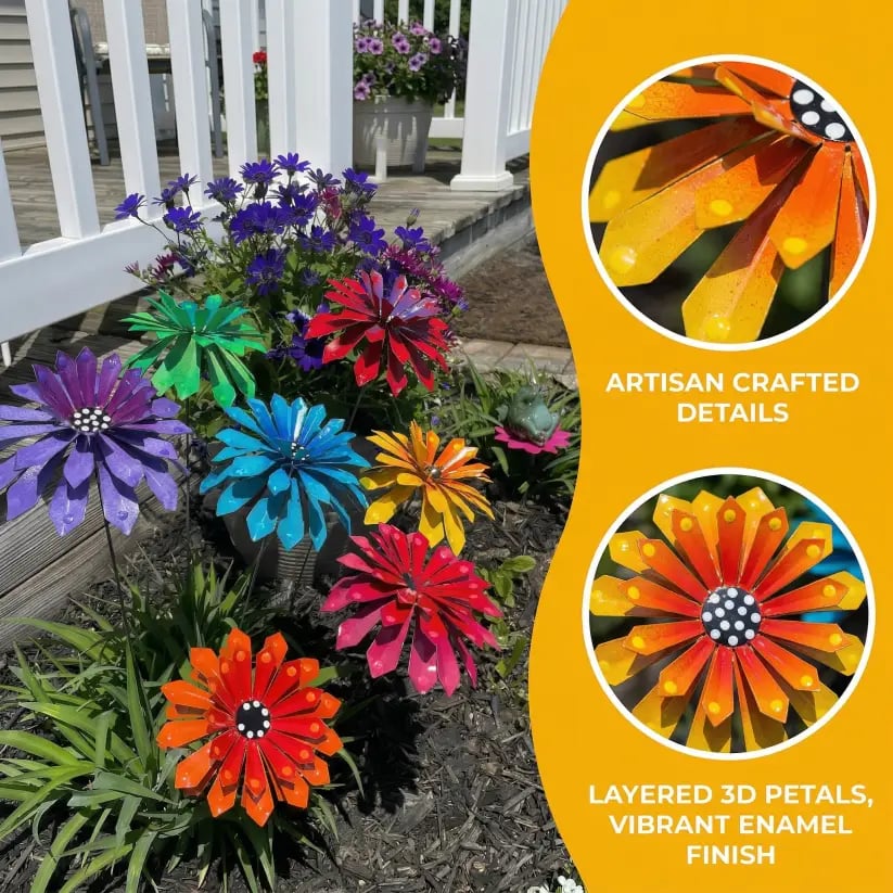 Metal Zinnia Flower Garden Stake