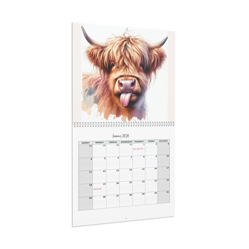 🐮Kalendarz Highland Cow 2026 – rustykalna dekoracja ścienna w stylu rustykalnym i miesięczny planner📅