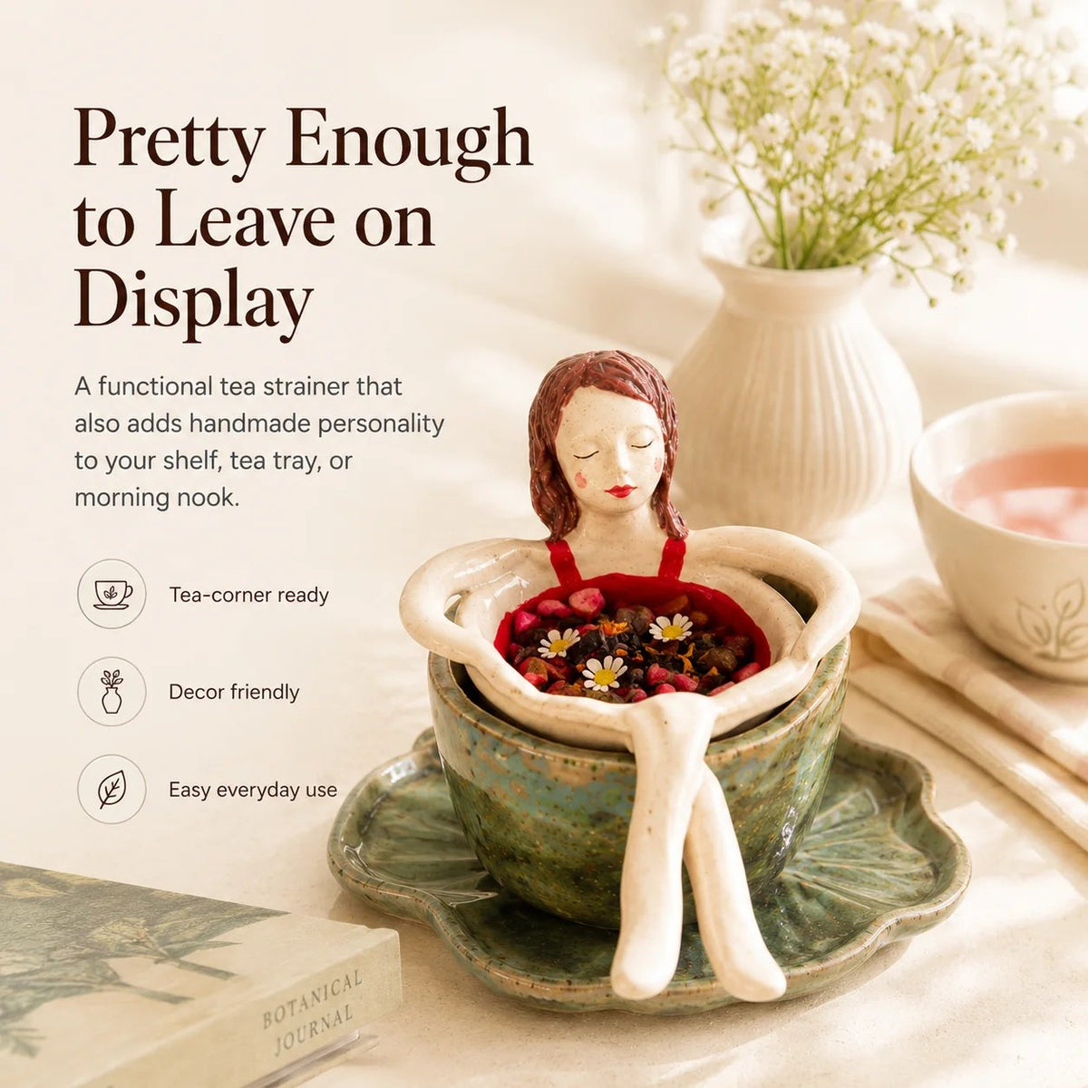 ☕🌿Whimsical Sitting Lady Ceramic Tea Strainer Collection