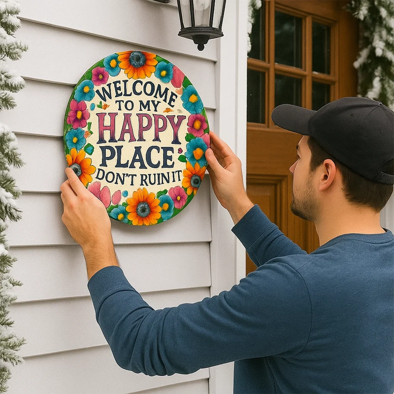 🌺 Welcome Blossom — Round “Welcome to My Happy Place” Floral Plaque