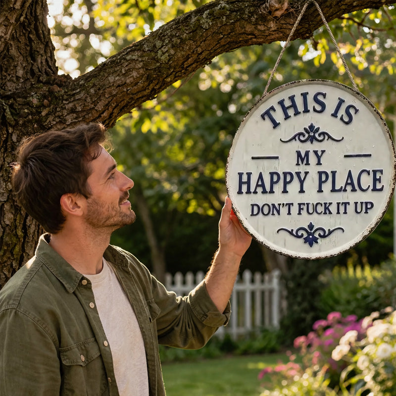 Welcome to My Happy Place—Please Don't Mess It Up (Retro Metal Style Decorative Door Sign)