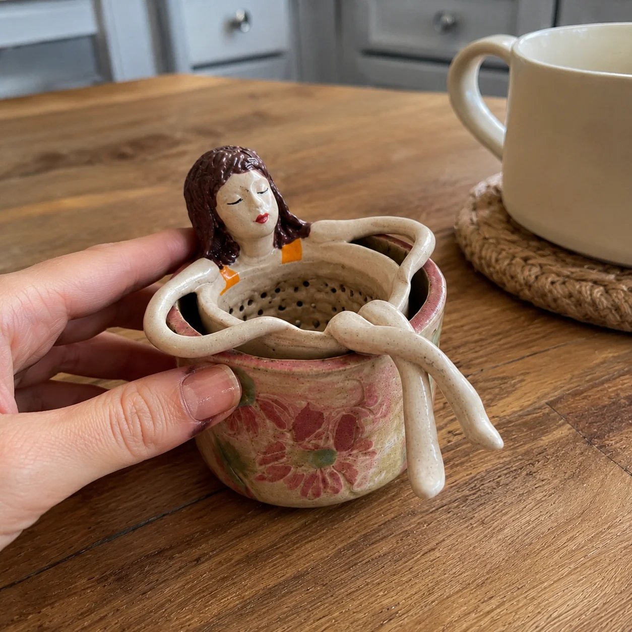 ☕🌿Whimsical Sitting Lady Ceramic Tea Strainer Collection