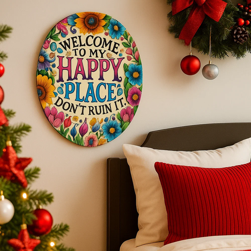 🌺 Welcome Blossom — Round “Welcome to My Happy Place” Floral Plaque