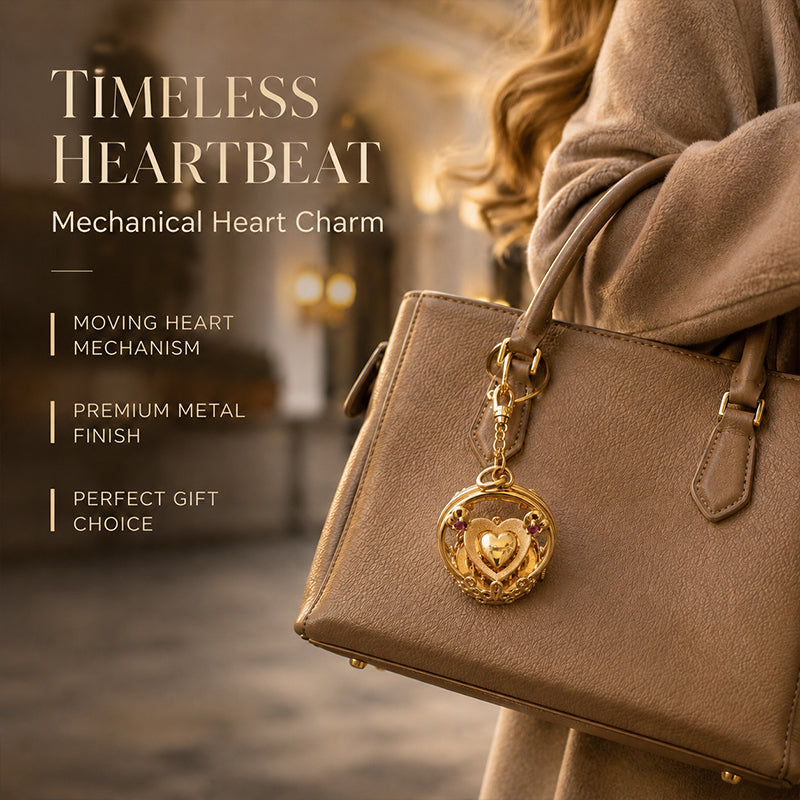 Mechanical heart charm styled on a handbag