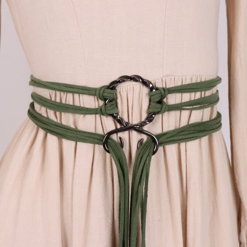 Medieval Viking Braided Leather Belt Set, with Ring Buckle & Tassel Decorations