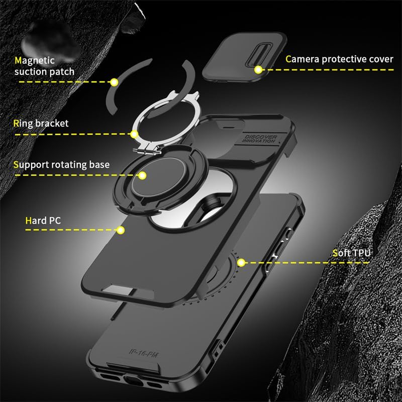 Case with Slide Camera Cover & Rotatable Ring Kickstand, Grade Shockproof Protective Case