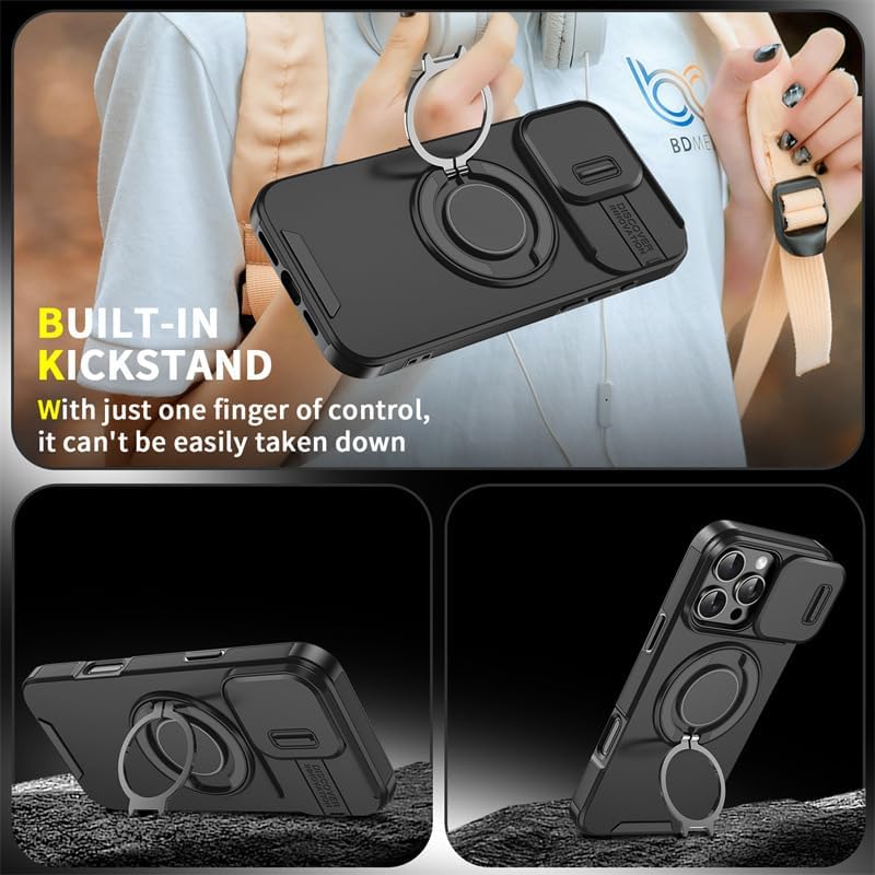 Case with Slide Camera Cover & Rotatable Ring Kickstand, Grade Shockproof Protective Case