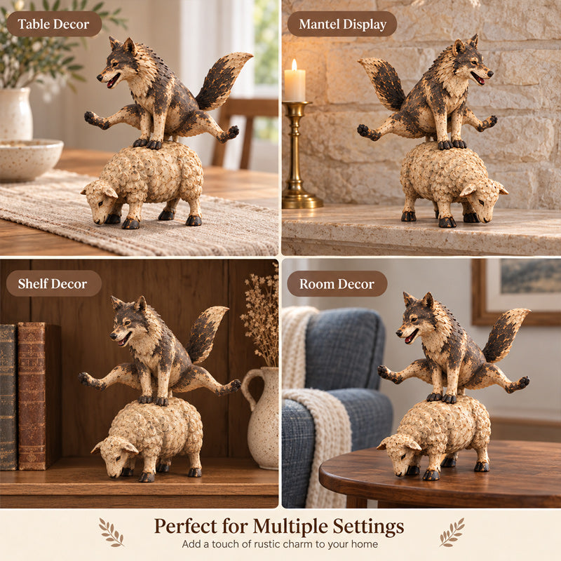 Funny Wolf Riding a Sheep Figurine