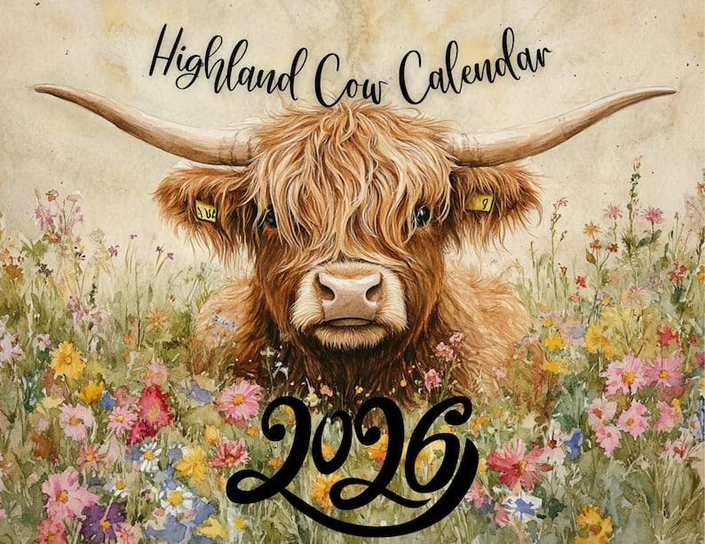 🐮Kalendarz Highland Cow 2026 – rustykalna dekoracja ścienna w stylu rustykalnym i miesięczny planner📅