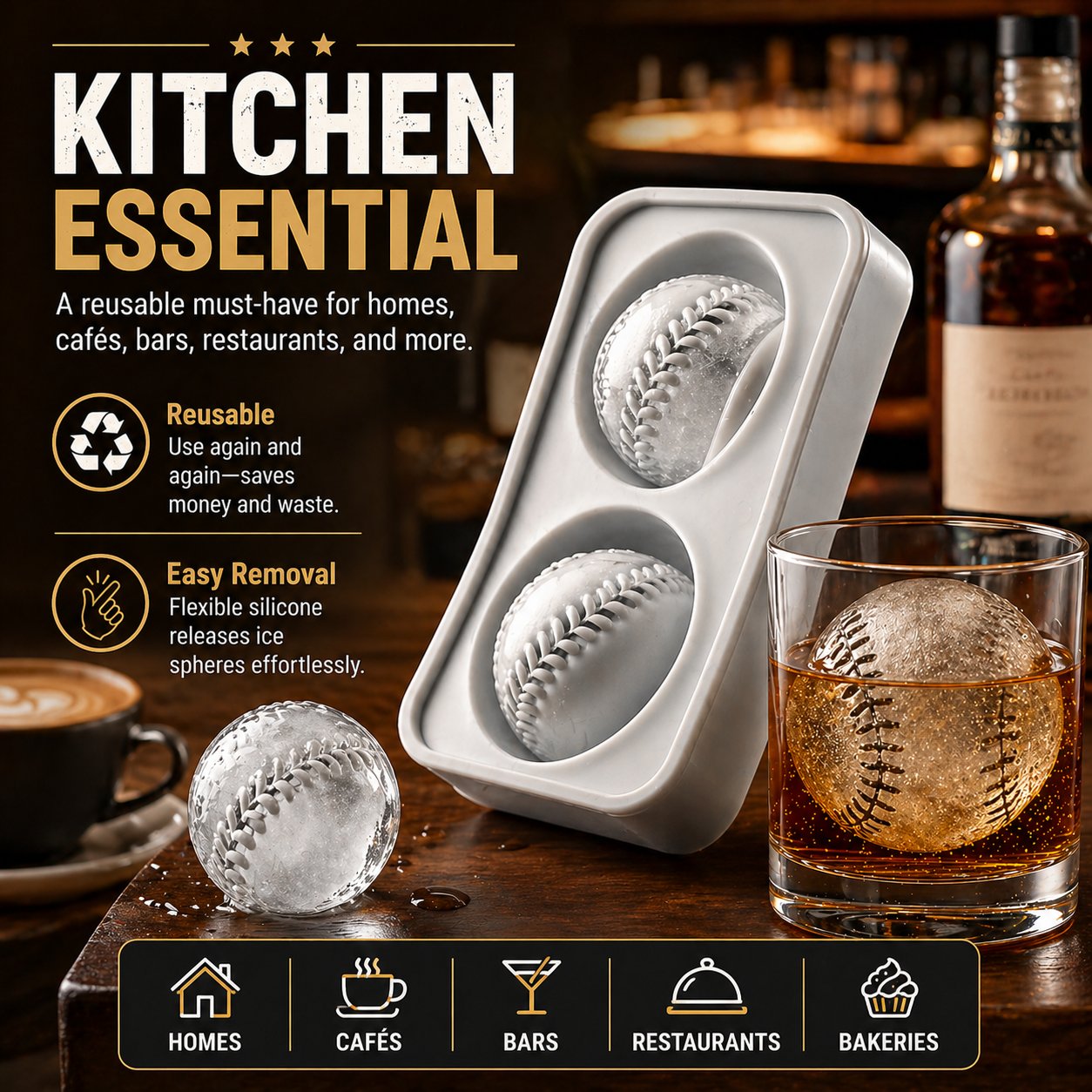 Baseball Ice Mold | Slow-Melting Silicone Sphere Tray for Whiskey, Cocktails & More